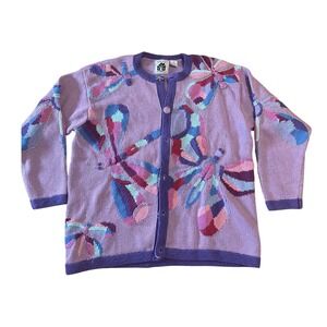 Vintage Storybook Knits Cardigan Purple Dragonfly Size 1X Cotton Ramie GUC